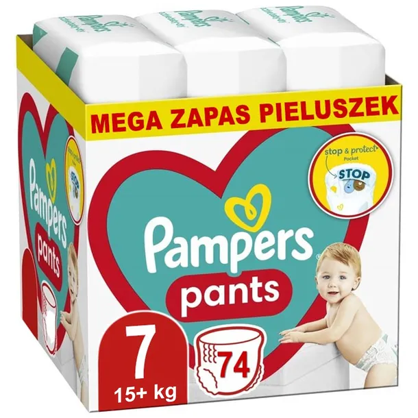 PAMPERS PANTS 7 ROZMIAR PIELUCHOMAJTKI DLA DZIECI 15+ kg MEGA ZAPAS 74zt