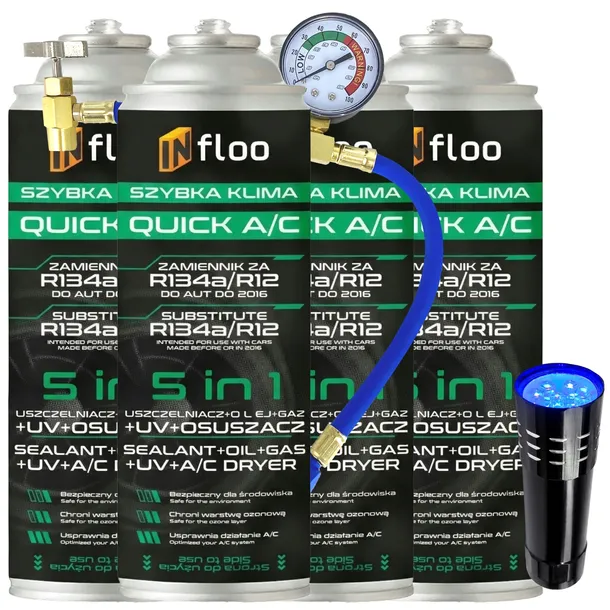 4x CZYNNIK CHŁODNICZY R134 a INFLOO 5w1 GAZ DO KLIMY + PRZEWÓD + LATARKA UV