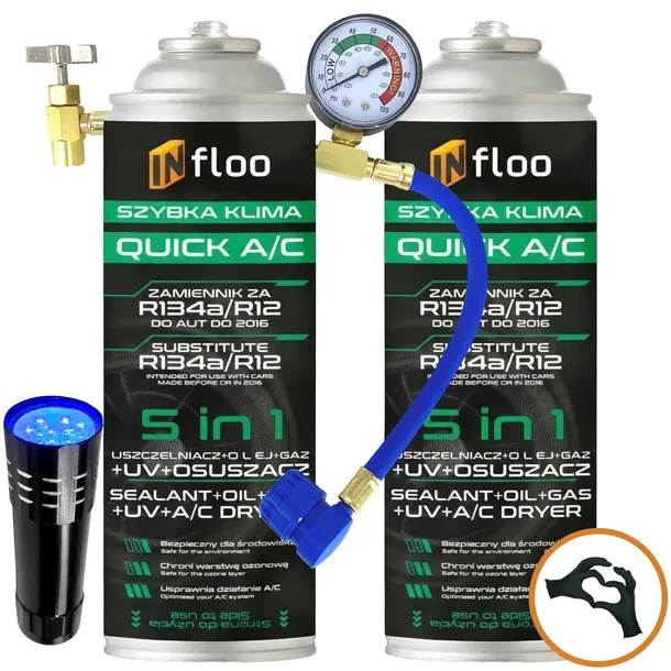 2x CZYNNIK CHŁODNICZY R134 a INFLOO 5w1 GAZ DO KLIMY + PRZEWÓD + LATARKA
