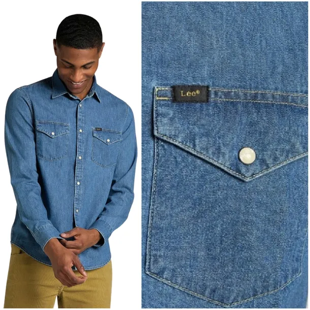 Lee REGULAR SHIRT Washed Blue DżINS koszula bawełniana jeansowa męska L