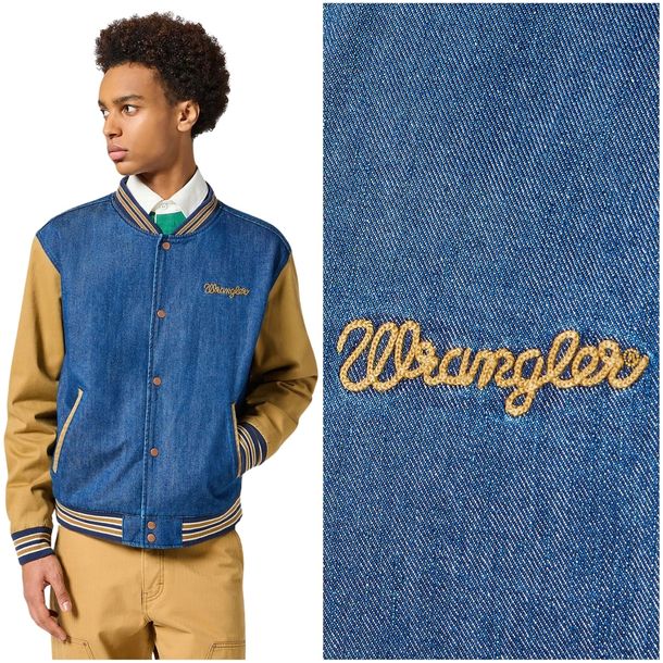 Wrangler VARSITY JACKET ocieplana bawełniana kurtka jeansowa bomberka XXL