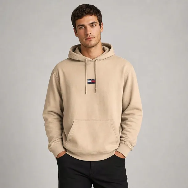 Tommy Jeans bluza męska beżowa z kapturem i logo z przodu rozmiar L | Idealna na chłodne dni!