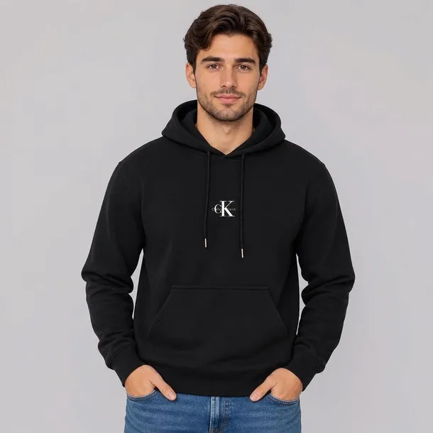 Calvin Klein bluza męska czarna z kapturem i logo z przodu, wkładana przez głowę rozmiar L | Idealne na jesień!