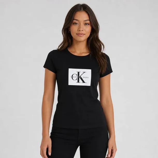 Calvin Klein T-shirt damski czarny z logo i nadrukiem z przodu rozmiar L | Idealne na lato!