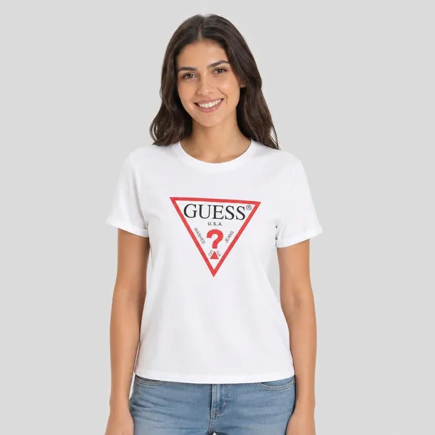 Guess damska koszulka biała z logo i nadrukiem z przodu, regular fit, bawełna rozmiar XL