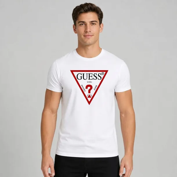 Guess koszulka męska biała z logo z przodu bawełniana, regular fit, okrągły dekolt rozmiar XL | Idealne na lato!