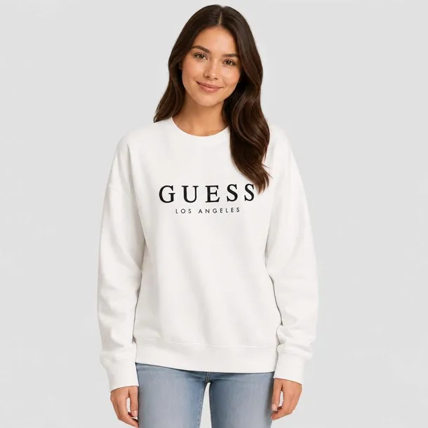 Guess damska bluza biała bez kaptura z logo i nadrukiem z przodu rozmiar S | Idealna na chłodne dni!
