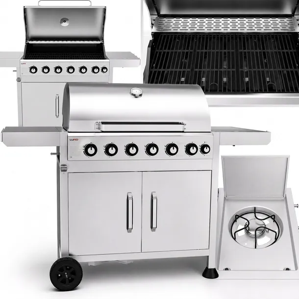 GRILL GAZOWY OGRODOWY 6+1 PALNIK BOCZNY 7 PALNIKÓW POKRYWA ŻELIWNY RUSZT