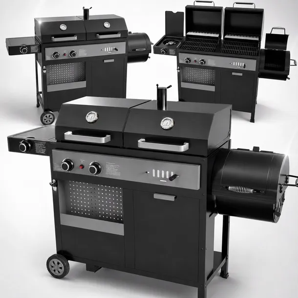 GRILL 3W1 GAZOWY+WĘGLOWY+WĘDZARNIA, 8,5KW 2 PALNIKI ŻELIWNE RUSZTY YATO