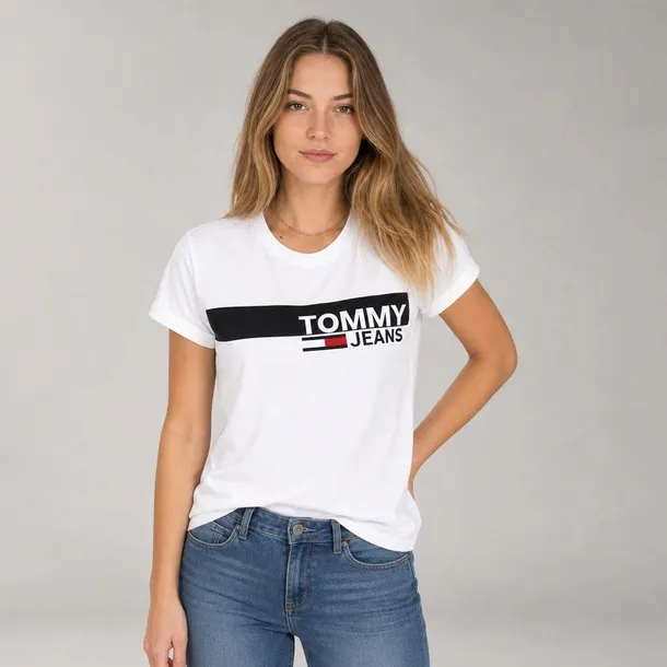 Tommy Jeans koszulka damska biała z nadrukiem, bawełniana t-shirt z okrągłym dekoltem rozmiar M