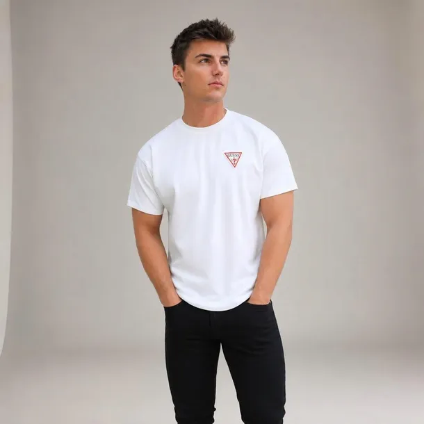 Guess koszulka męska biała z logo, bawełniana T-shirt z okrągłym dekoltem rozmiar L | Idealne na lato!