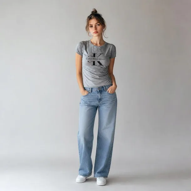 Calvin Klein koszulka damska szara z logo i nadrukiem, bawełniana, okrągły dekolt rozmiar L