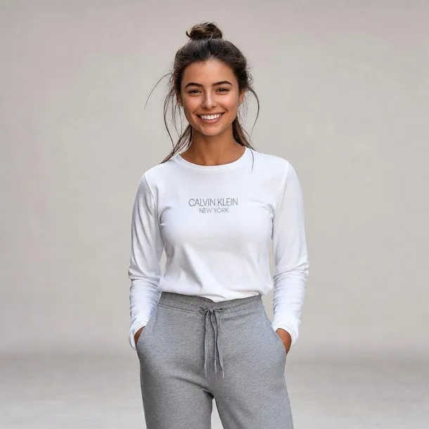 Calvin Klein longsleeve damski biały z logo i nadrukiem, długi rękaw, okrągły dekolt rozmiar S | Idealne na lato!