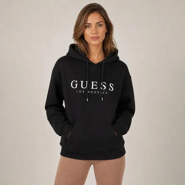 Guess bluza damska czarna z kapturem i nadrukiem Los Angeles rozmiar L | Idealna na chłodne dni!