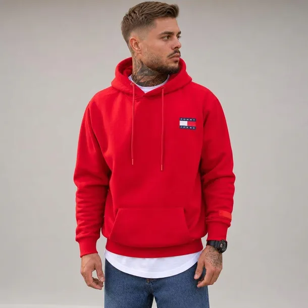 Tommy Jeans bluza męska czerwona z kapturem i logo rozmiar L | Idealna na chłodne dni!