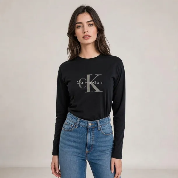 Calvin Klein bluzka damska czarna z długim rękawem i logo rozmiar XL | Idealne na lato!