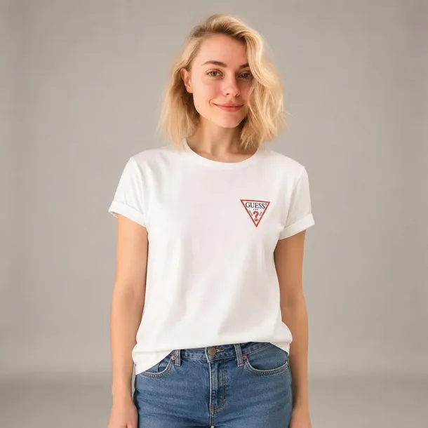 Guess damski T-shirt biały z logo i nadrukiem, okrągły dekolt, bawełniany rozmiar M | Idealne na lato!