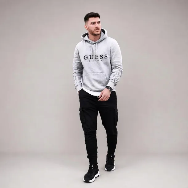 Guess bluza męska szara z kapturem i nadrukiem Los Angeles rozmiar L | Idealna na chłodne dni!
