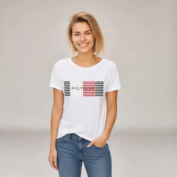 Tommy Hilfiger koszulka damska biała z nadrukiem bawełniana rozmiar L