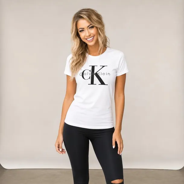 Calvin Klein Koszulka damska biała z logo i nadrukiem, okrągły dekolt bawełniana rozmiar M