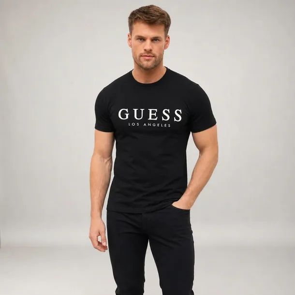 Guess koszulka męska czarna z logo Los Angeles bawełniana z okrągłym dekoltem rozmiar XL | Idealne na Dzień Ojca.