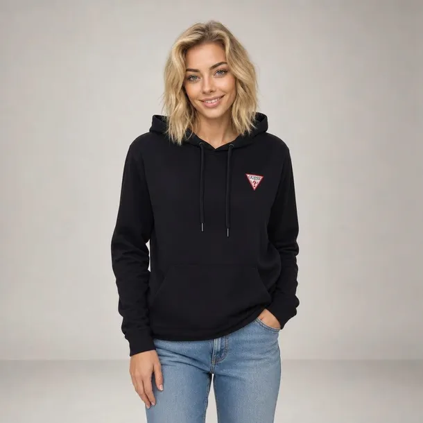 Guess bluza damska czarna z kapturem i nadrukiem, bawełniana, wkładana przez głowę rozmiar M | Idealna na chłodne dni!