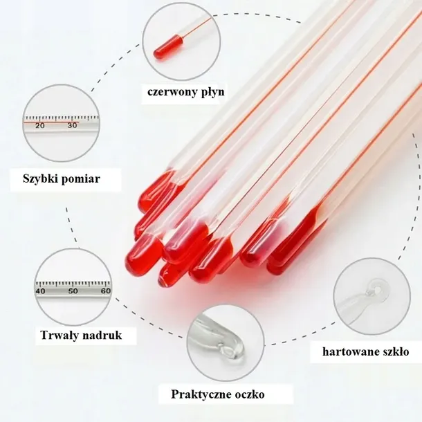 TERMOMETR szklany laboratoryjny bezpieczny bez rtęci szklany RED zawieszka