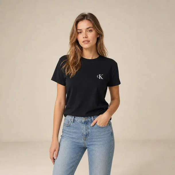 Calvin Klein damski t-shirt czarny z haftowanym logo i okrągłym dekoltem rozmiar L | Idealne na lato!