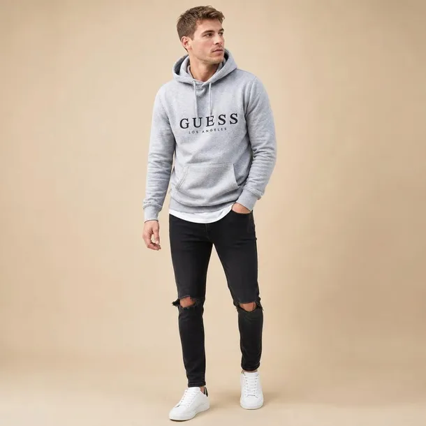 Guess bluza męska szara z kapturem i nadrukiem logo regular rozmiar S | Idealna na chłodne dni!