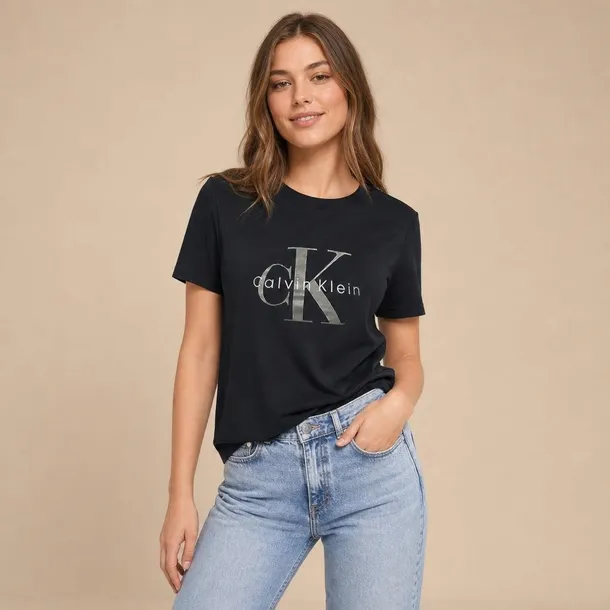 Calvin Klein koszulka t-shirt damska czarna z dużym logo print bawełna rozmiar L