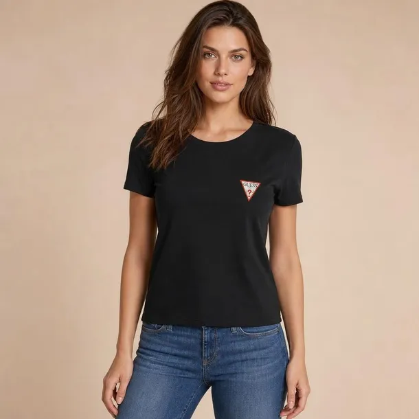 Guess damski t-shirt czarny z logo z przodu bawełniany regular rozmiar S
