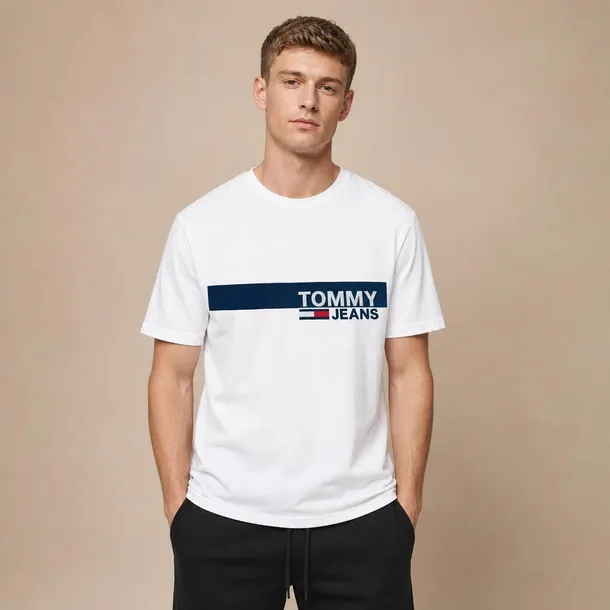 Tommy Jeans koszulka t-shirt męski biały bawełniany z logo z przodu rozmiar L | Idealne na Dzień Ojca.