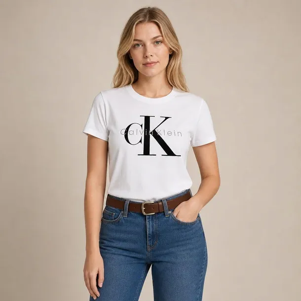 Calvin Klein t-shirt damski biały z dużym logo i nadrukiem z przodu regular rozmiar S | Idealne na lato!