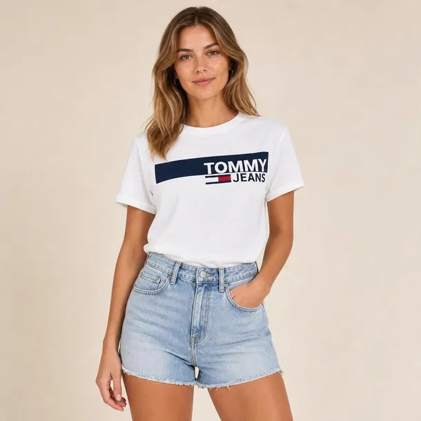 Tommy Jeans damska biała koszulka t-shirt z nadrukiem logo i okrągłym dekoltem rozmiar XS | Idealne na lato!