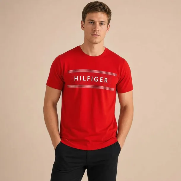 Tommy Hilfiger koszulka męska czerwony bawełniany t-shirt z logo na przodzie rozmiar L | Idealne na Dzień Ojca.