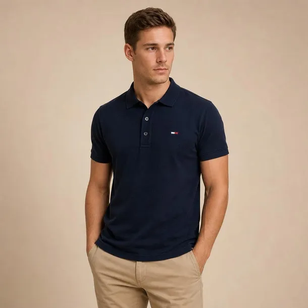 Tommy Hilfiger koszulka polo męska granatowa z haftowanym logo i kołnierzykiem rozmiar L | Idealne na lato!