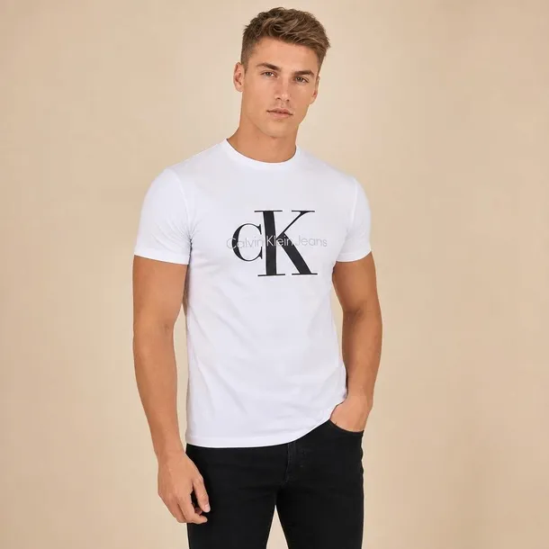 Calvin Klein koszulka t-shirt męski biały z dużym nadrukiem logo z przodu rozmiar M | Idealne na lato!
