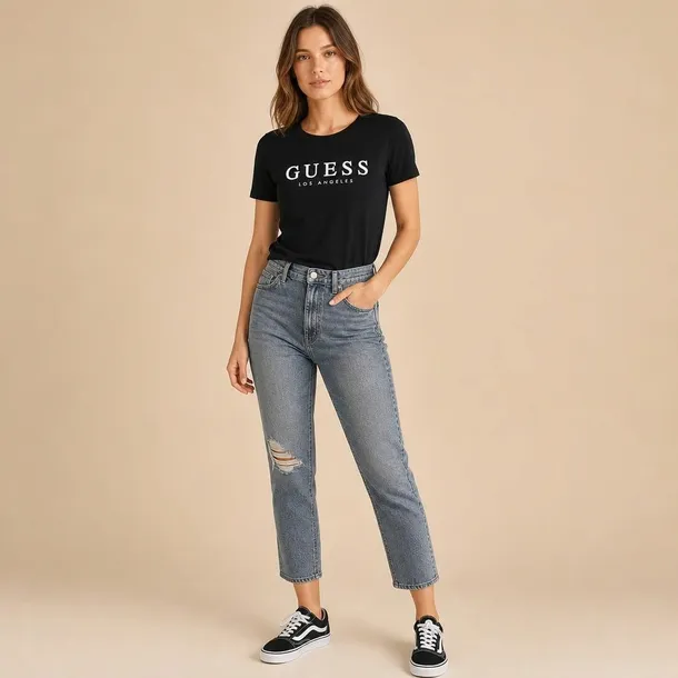 Guess damska koszulka t-shirt czarna z logo z przodu bawełniana regular rozmiar XL