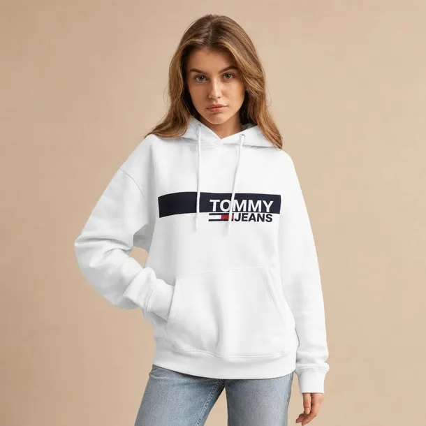 Tommy Jeans bluza damska biała z kapturem i nadrukiem z przodu rozmiar XS | Idealna do szkoły