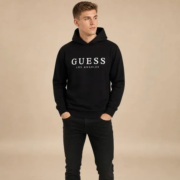Guess bluza męska czarna z kapturem i nadrukiem logo, wkładana przez głowę rozmiar M | Idealne na jesień!