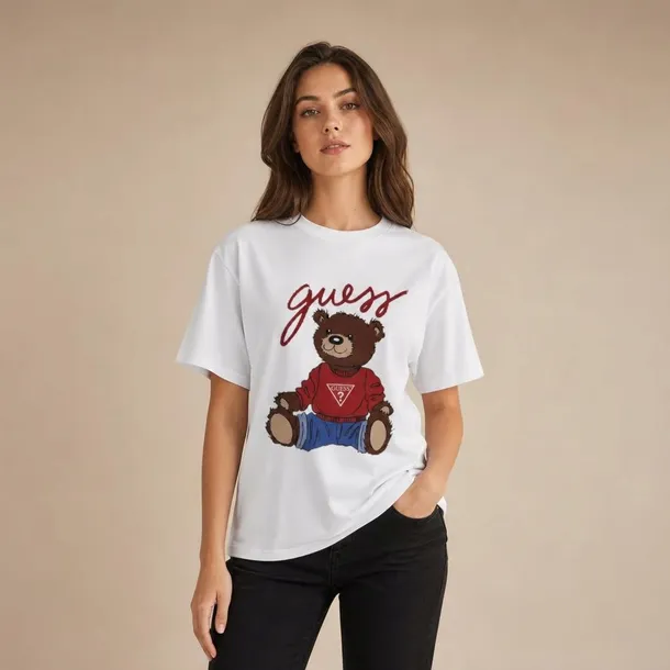 Guess damski T-shirt biały z dużym nadrukiem misia i logo, okrągły dekolt, bawełna rozmiar S