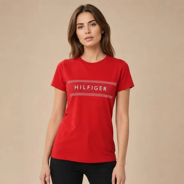 Tommy Hilfiger t-shirt damski czerwony z logo z przodu bawełniany regular rozmiar XL
