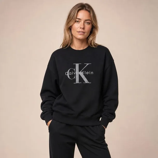 Calvin Klein Jeans bluza damska czarna bez kaptura z nadrukiem duże logo rozmiar L | Idealna na chłodne dni!