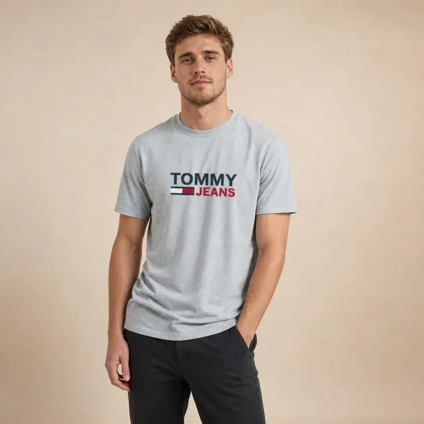 Tommy Jeans koszulka męska szary melanż t-shirt z logo i nadrukiem z przodu rozmiar L | Idealne na lato!