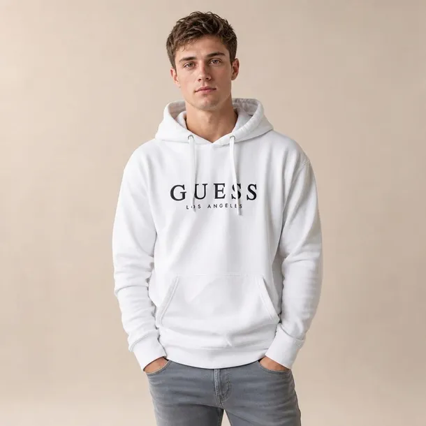 Guess bluza męska biała z kapturem i logo z przodu, wkładana przez głowę, regular fit rozmiar M | Idealne na jesień!