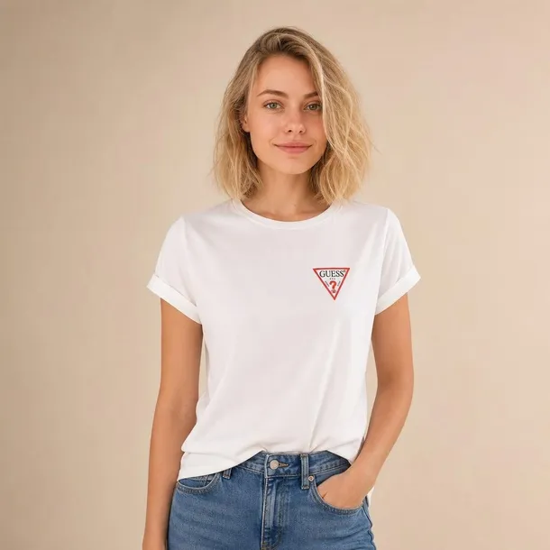 Guess damski T-shirt biały z logo print bawełniany regular z okrągłym dekoltem rozmiar XL