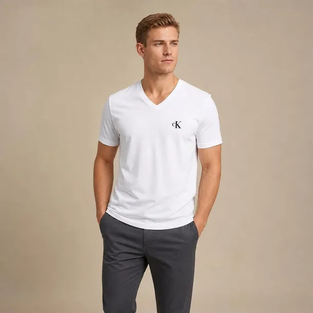 Calvin Klein t-shirt męski biały z dekoltem V i małym logo z przodu rozmiar M | Idealna do szkoły