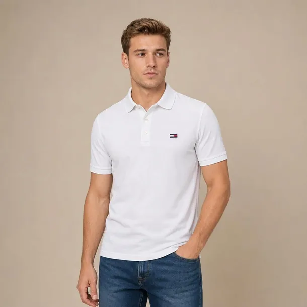 Tommy Hilfiger koszulka polo męska biała z haftem i kołnierzykiem, regular fit rozmiar M | Idealne na lato!