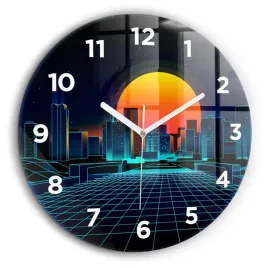 okragly-zegar-szklany-do-sypialni-z-grafika-cyberprzestrzen-miasto-fi60-cm