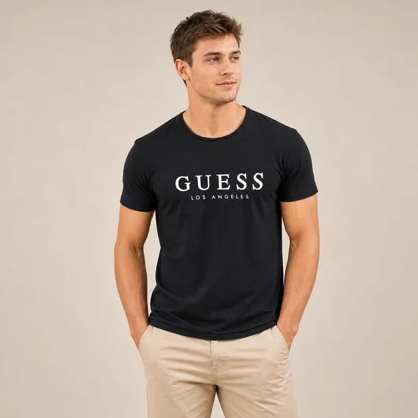 Guess męski czarny t-shirt z logo na przodzie, bawełniany, regular rozmiar S | Idealne na Dzień Ojca.